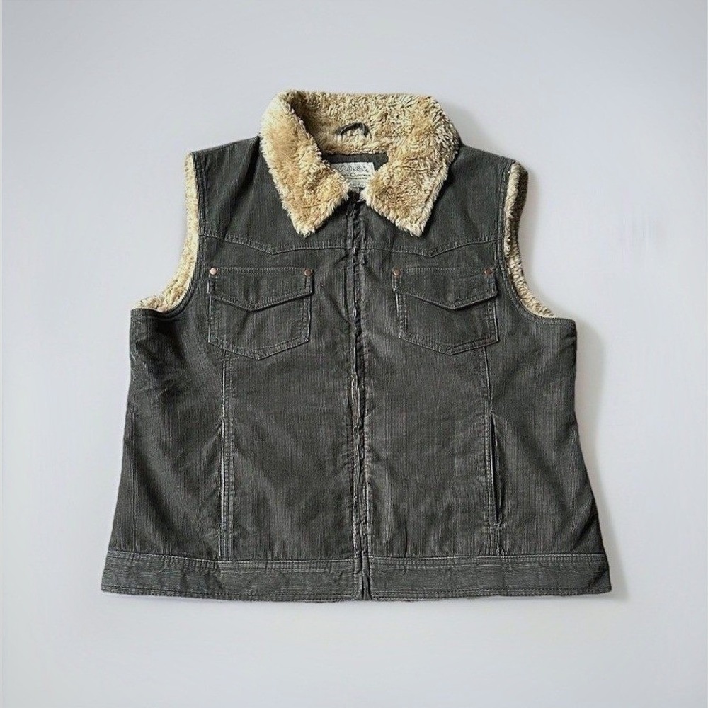Cabela's Corduroy Vest Zip Up faux fur lining Olive Green Women's Size XXL